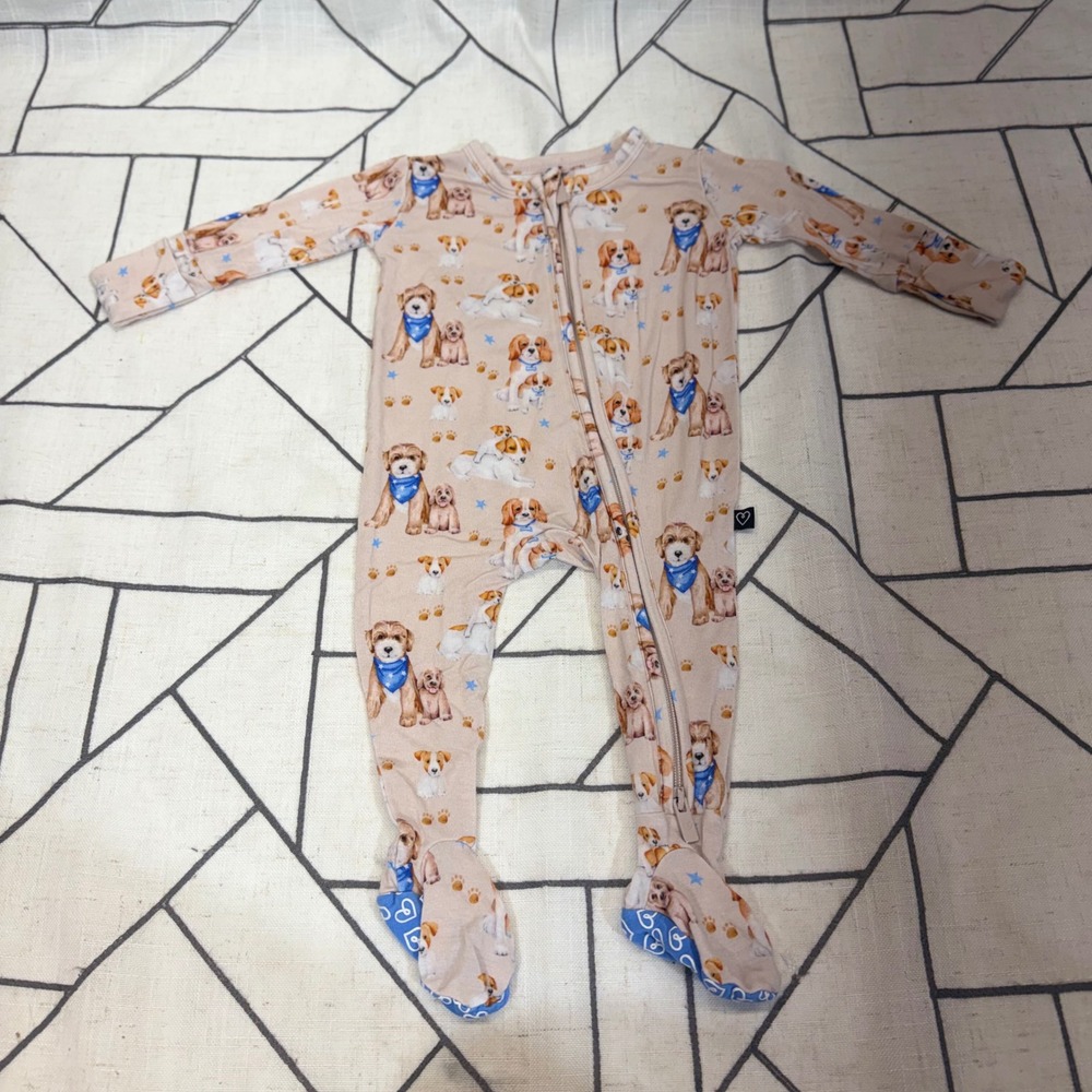 Lev Baby Footie Sleeper NB Tan Watercolor Dog Bamboo Viscose Zip Up Pajamas